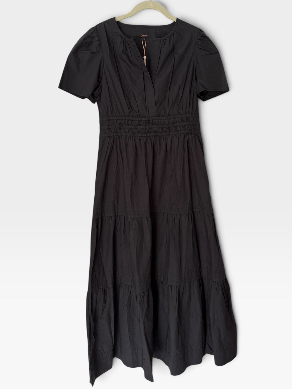 Quince 100% Organic Cotton Tiered Maxi Dress Black Current Retail $70 Small NWT - Picture 2 of 13